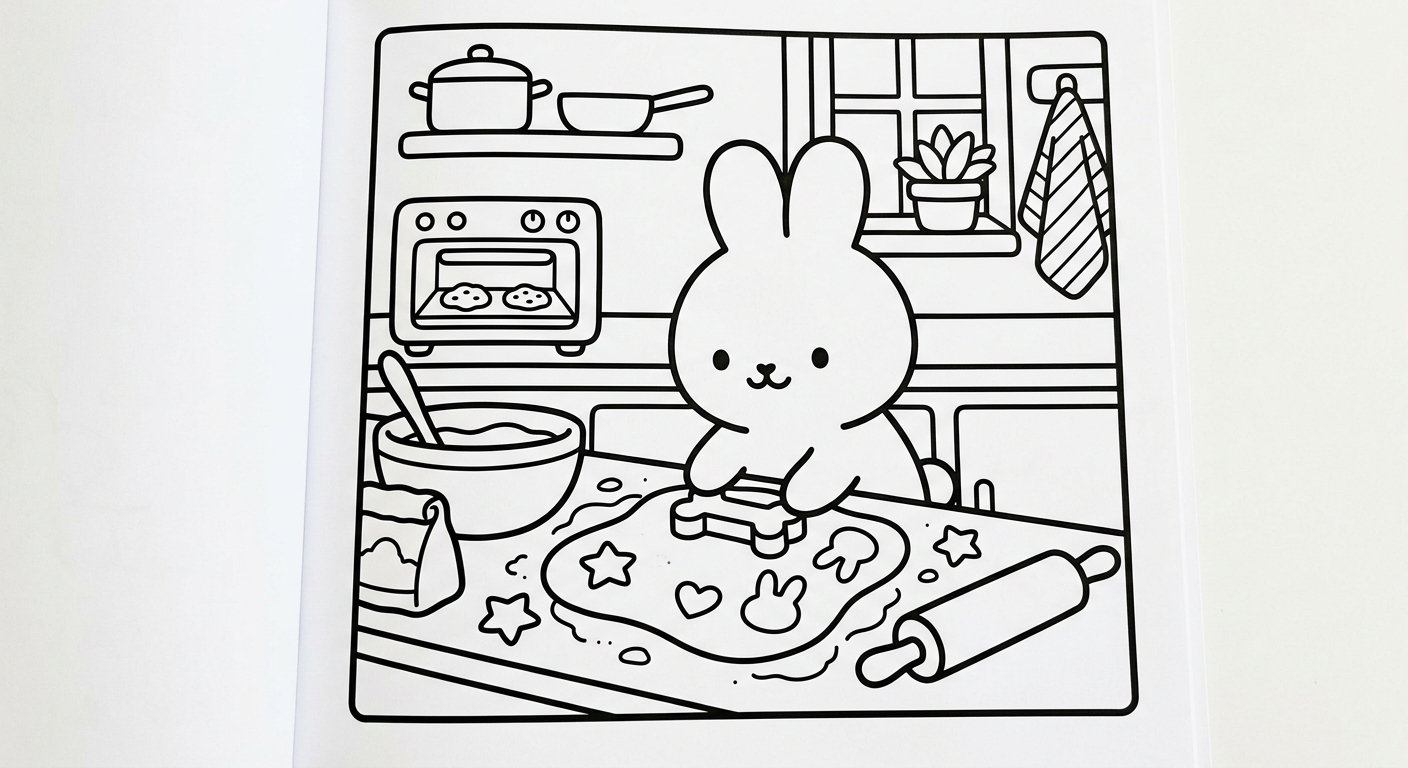 Desenho de coelhinho fazendo biscoitos para colorir pulando alegre com tigela e estrelas fofas