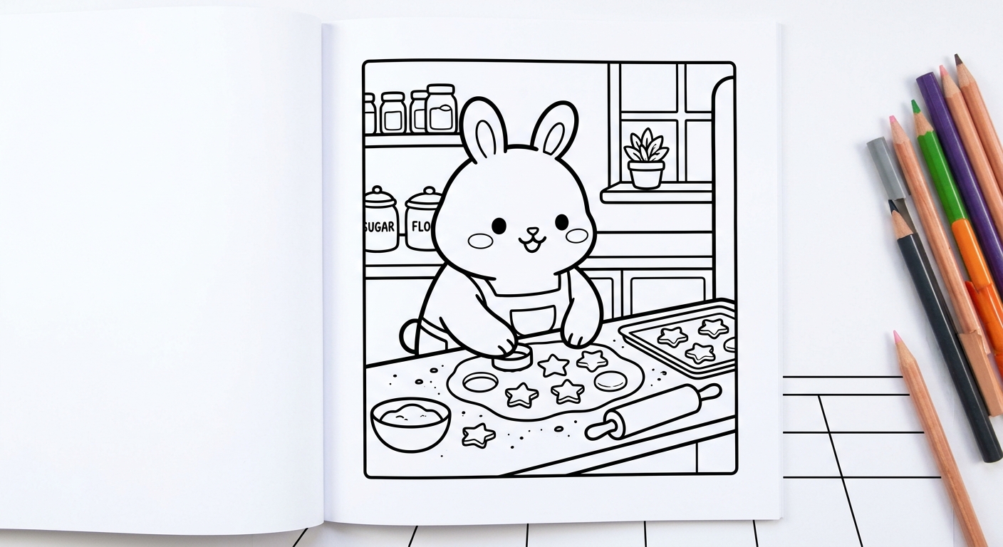 Desenho de coelhinho fazendo biscoitos para colorir segurando uma colher