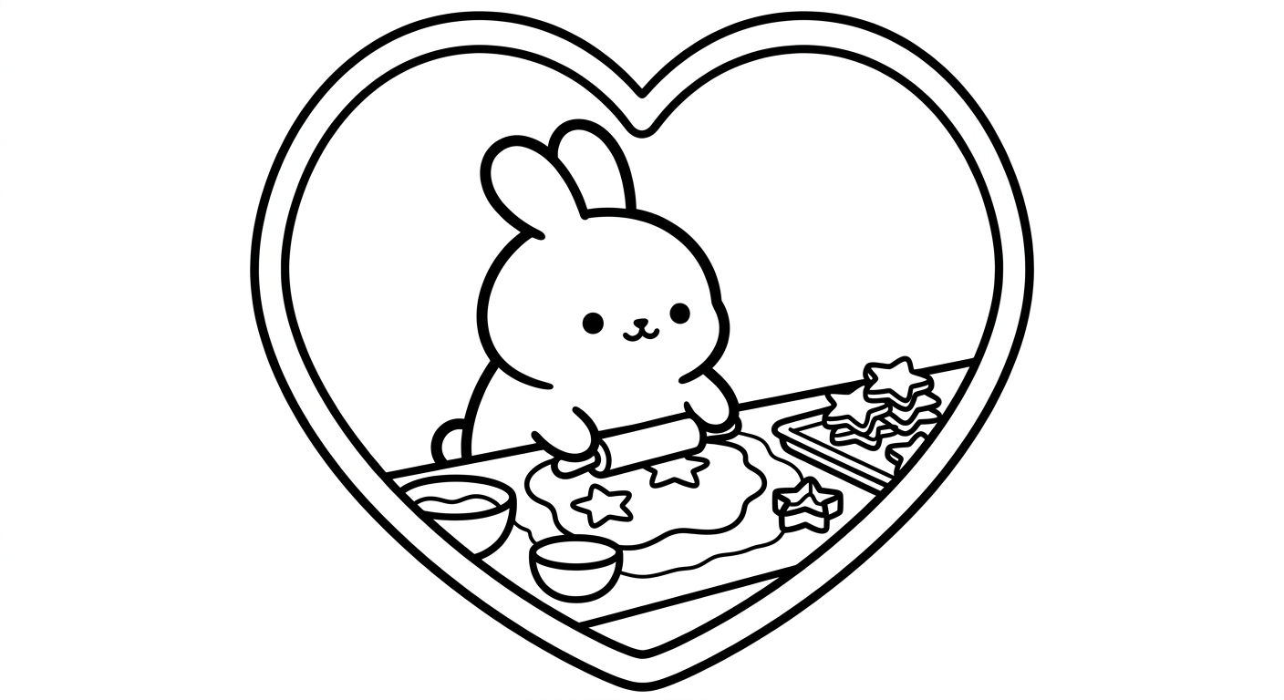 Desenho de coelhinho fazendo biscoitos para colorir segurando uma colher com expressão alegre