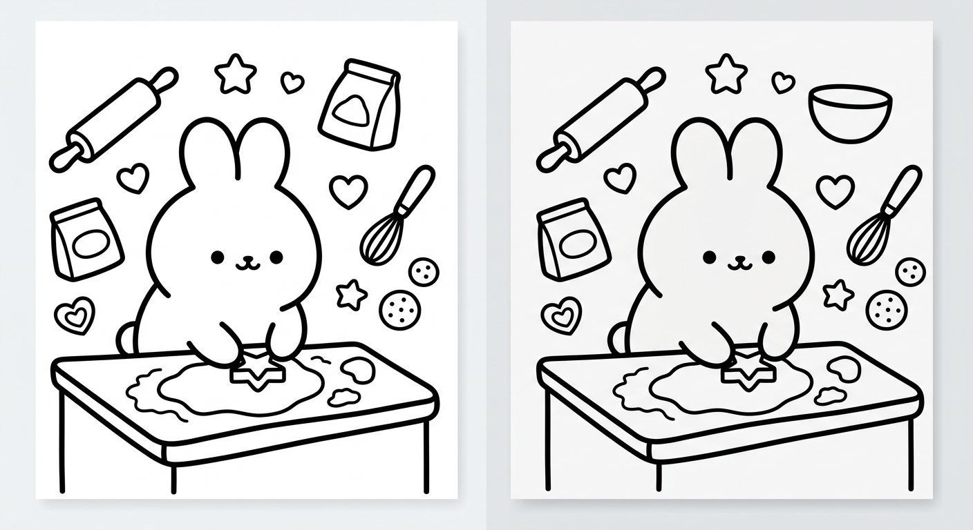 Desenho de coelhinho fazendo biscoitos para colorir segurando colher com itens fofos