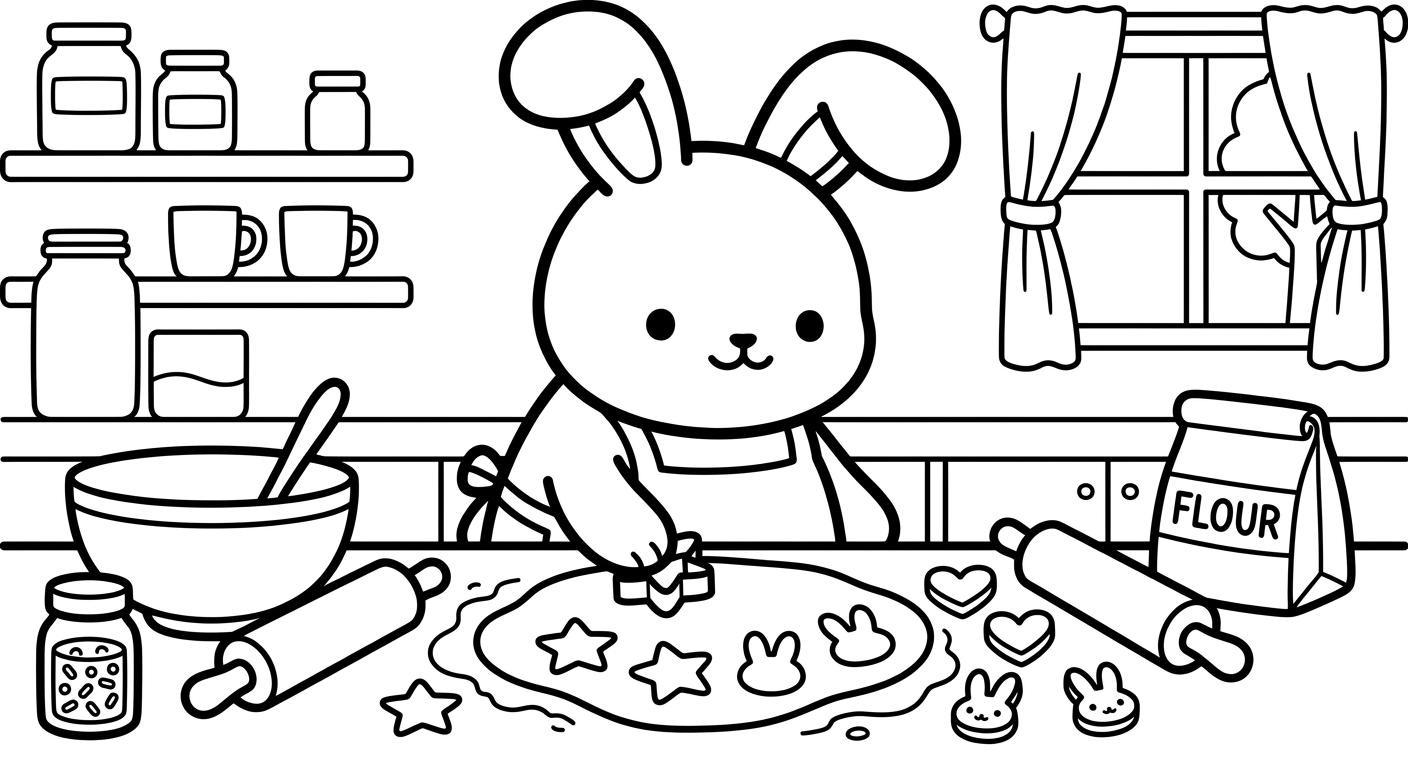 Desenho de coelhinho fazendo biscoitos para colorir espreguiçando com utensílios fofos