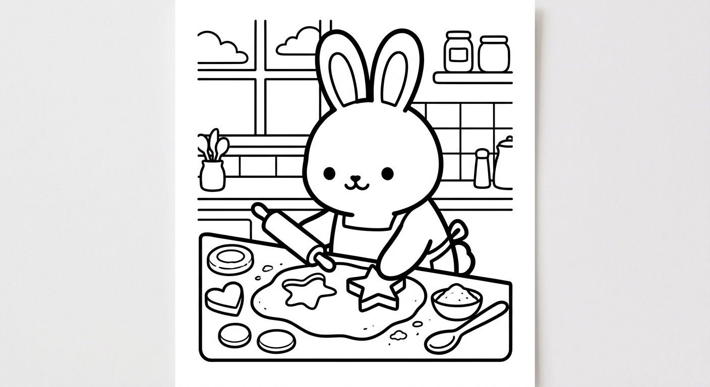 Desenho de coelhinho fazendo biscoitos para colorir caminhando com expressão fofa