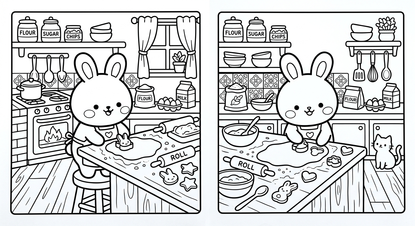 Desenho de coelhinho fazendo biscoitos para colorir caminhando com utensílios fofos