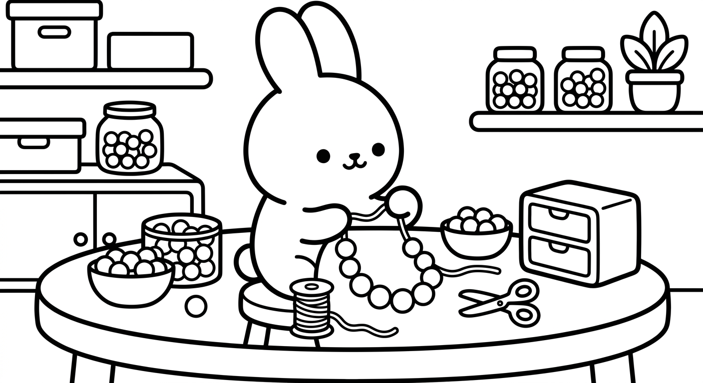 Desenho de coelhinho fazendo colar para colorir em pé sorrindo com itens fofos