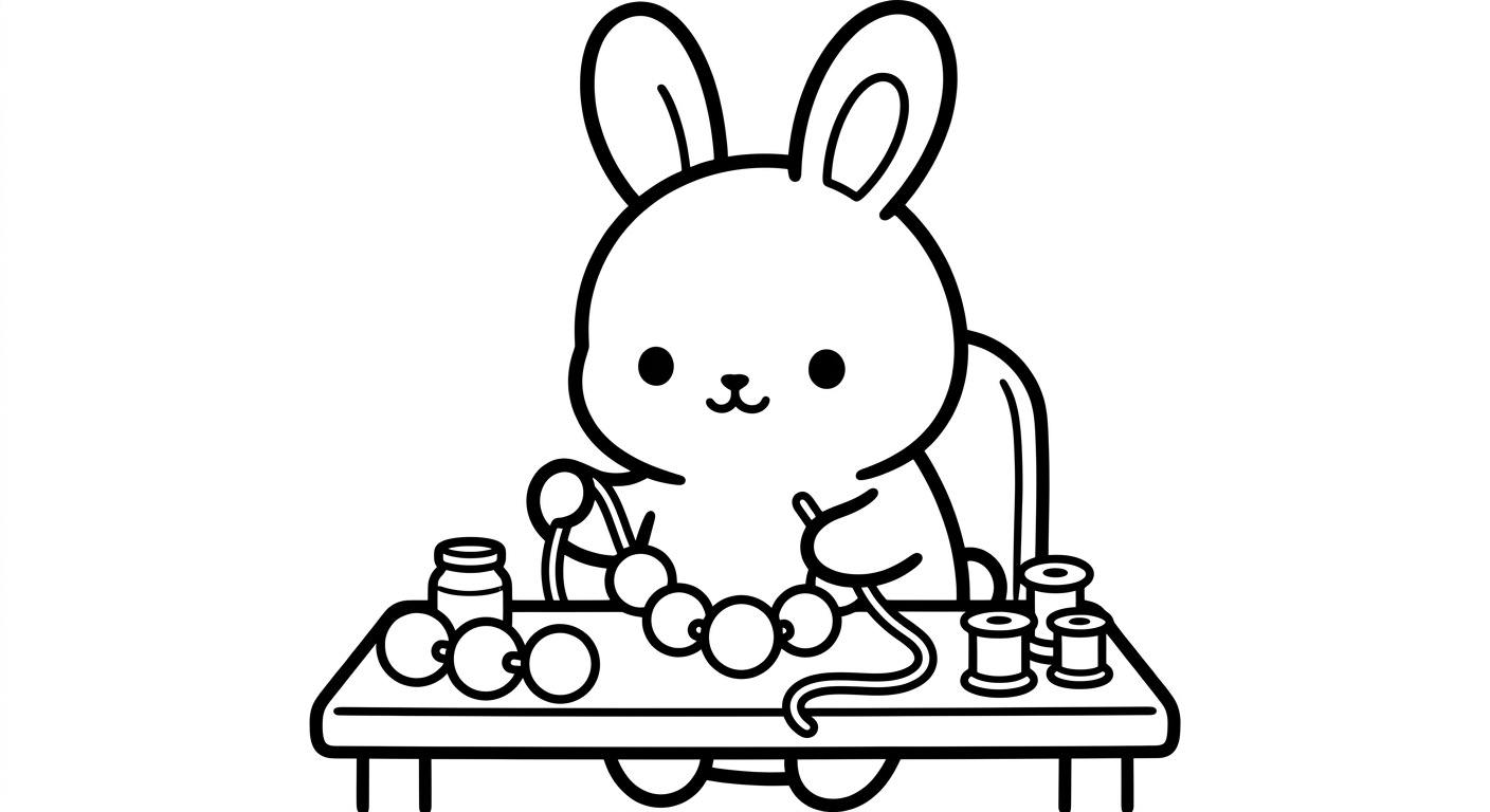 Desenho de coelhinho fazendo colar para colorir abraçando miçangas fofas