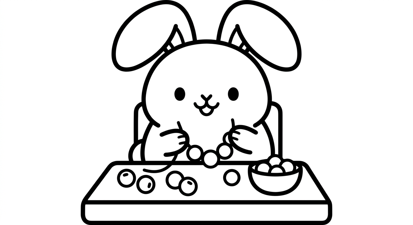 Desenho de coelhinho fazendo colar para colorir, fofo e espreguiçando