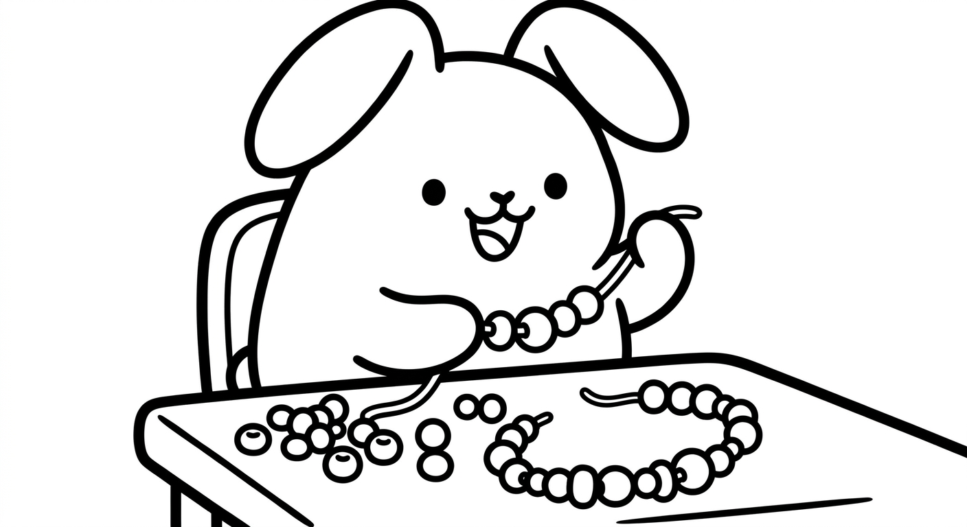 Desenho de coelhinho fazendo colar para colorir espreguiçando com miçangas e laços