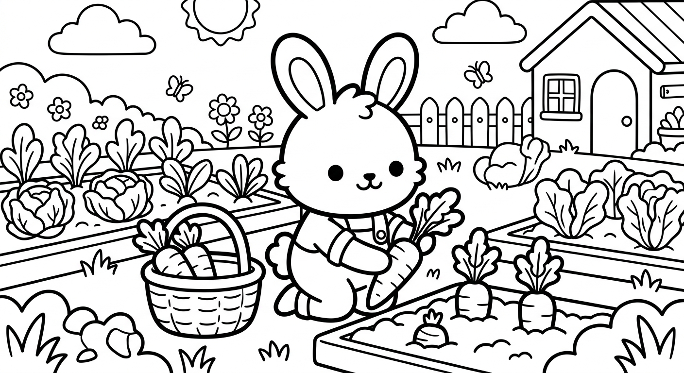 Desenho de coelhinho na horta para colorir abraçando cenoura com flores fofas