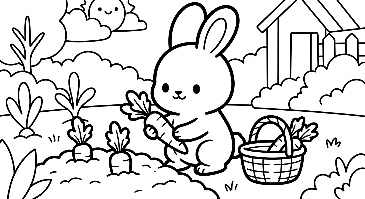 Desenho de coelhinho na horta para colorir espreguiçando com cenouras fofas