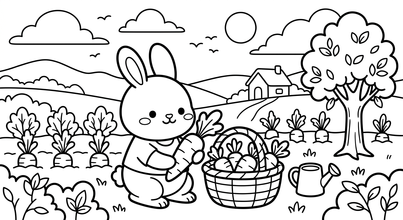 Desenho de coelhinho na horta para colorir rindo feliz e fofo