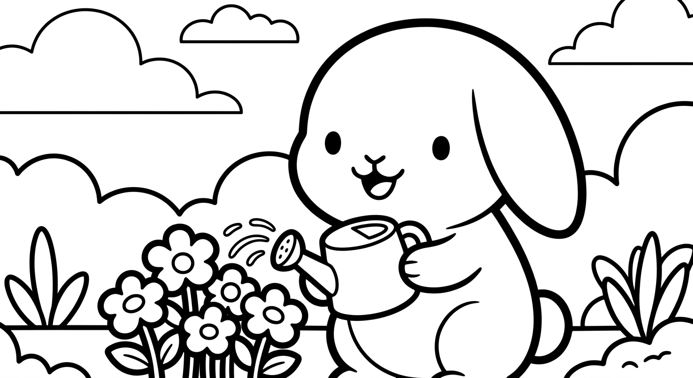 Desenho de coelhinho regando plantas para colorir em pé sorrindo