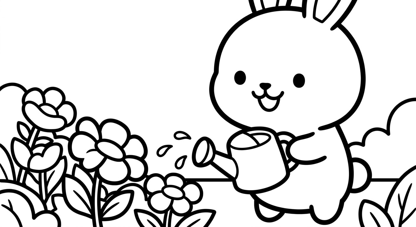 Desenho de coelhinho regando plantas para colorir abraçando regador com flores fofas