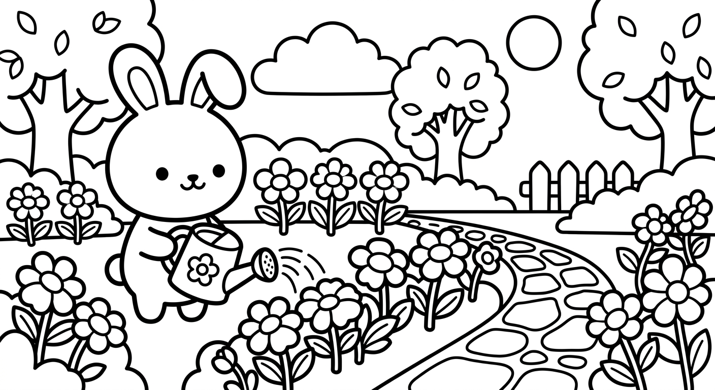 Desenho de coelhinho regando plantas para colorir abraçando regador com vasinhos fofos