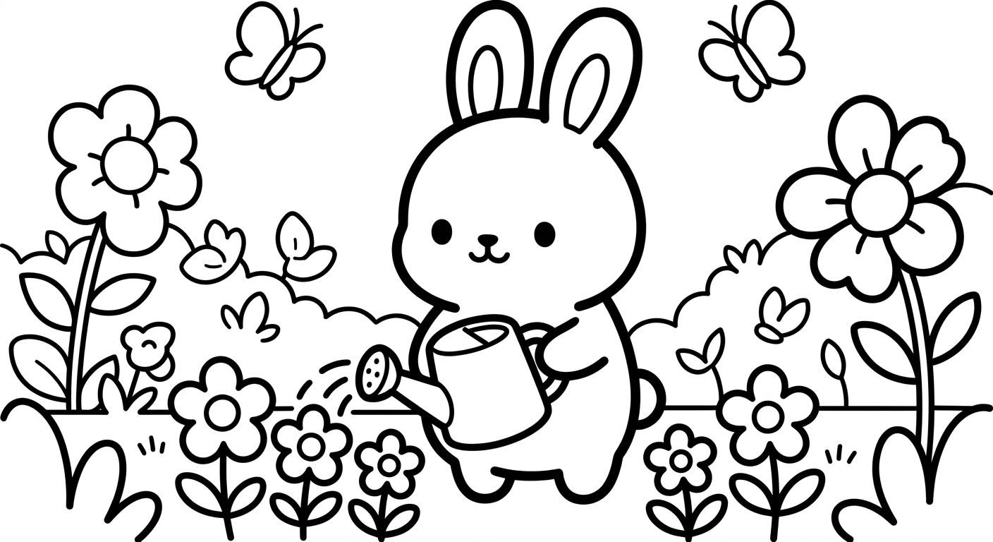 Desenho de coelhinho regando plantas para colorir caminhando com expressão fofa