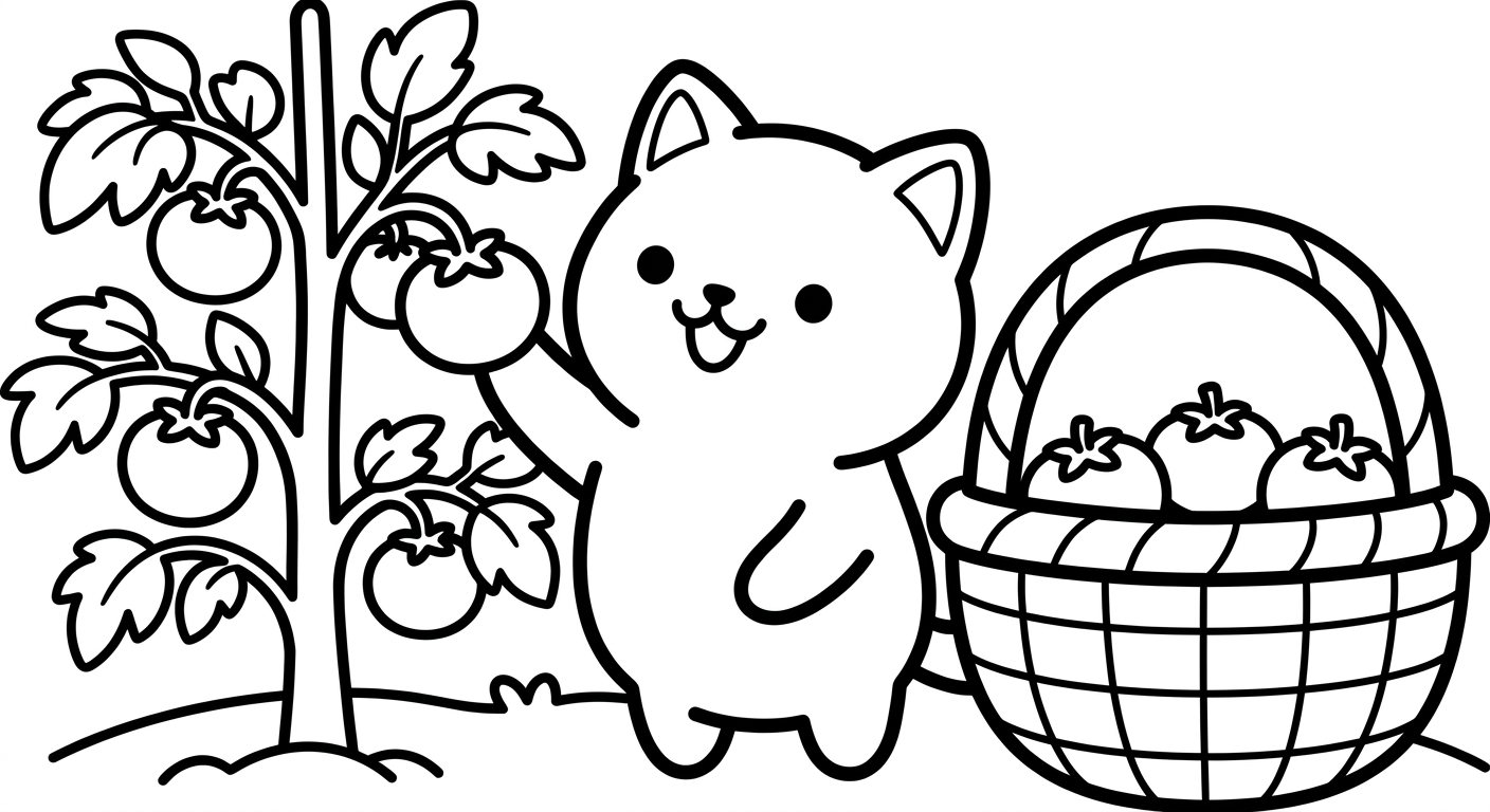 Desenho de gatinho colhendo tomates para colorir abraçando cesta com itens fofos