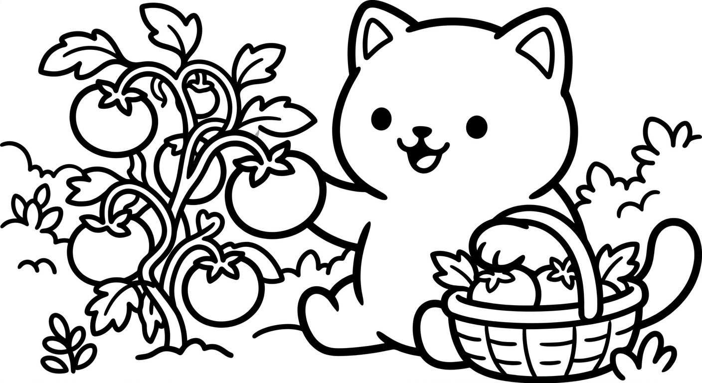 Desenho de gatinho colhendo tomates para colorir pulando feliz em estilo fofo