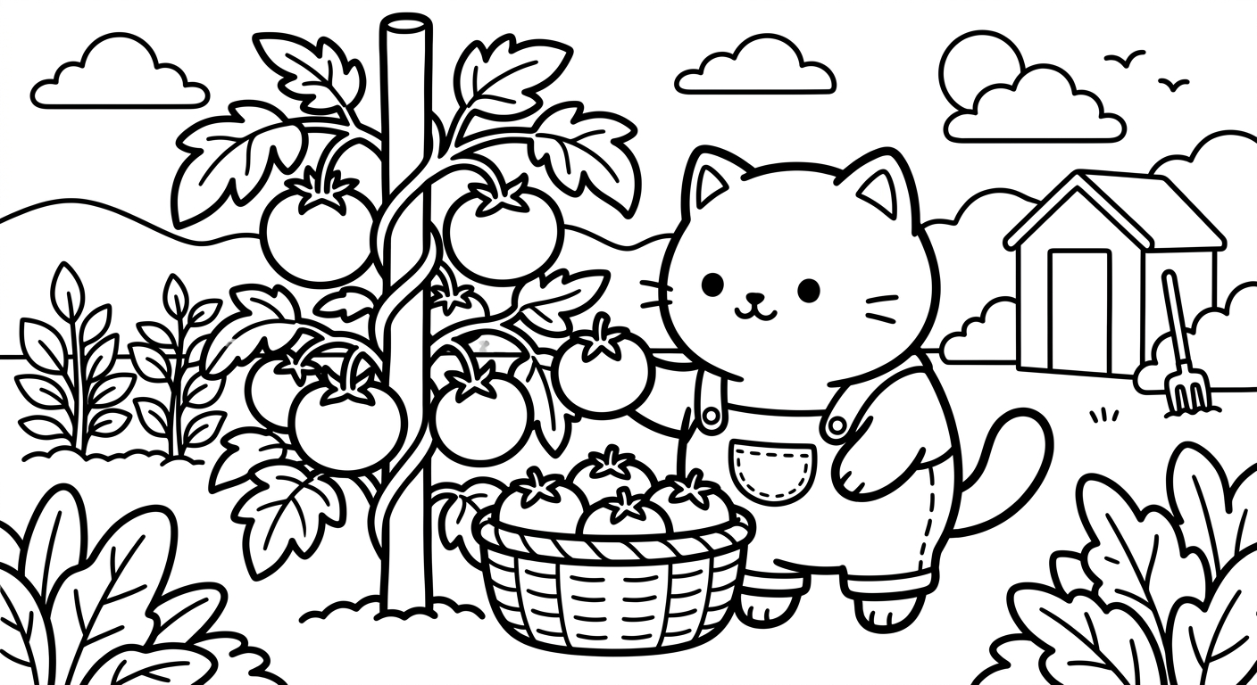 Desenho de gatinho colhendo tomates para colorir segurando uma cesta