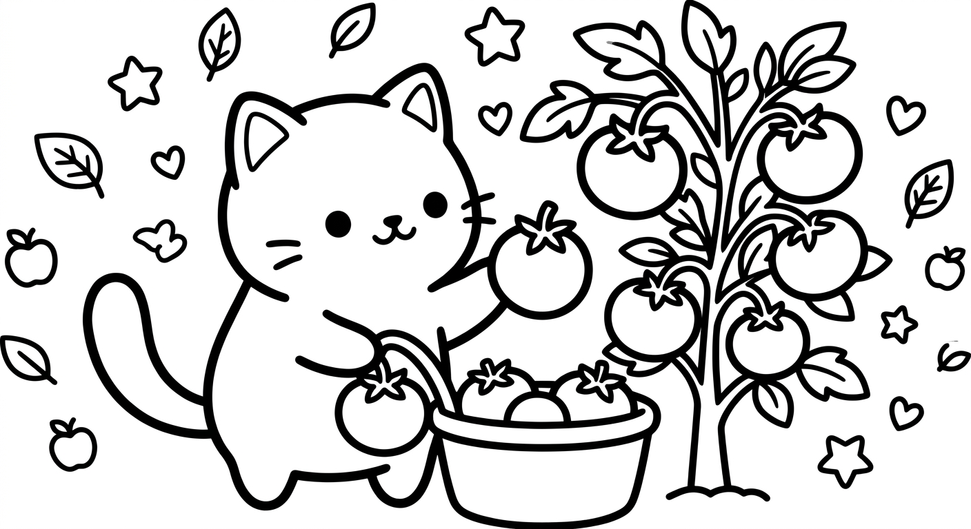 Desenho de gatinho colhendo tomates para colorir, fofo segurando um tomate