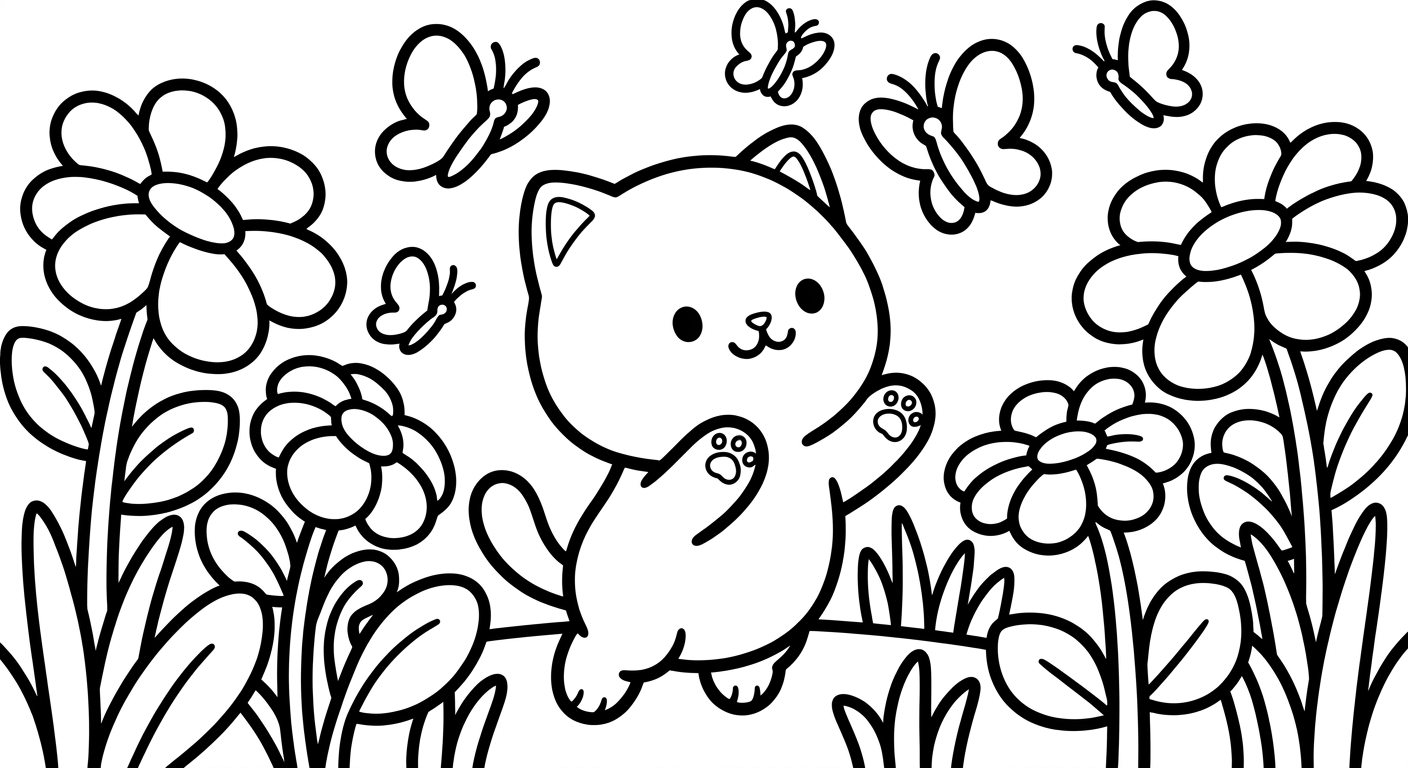 Desenho de gatinho com borboletas para colorir fofo acenando alegremente