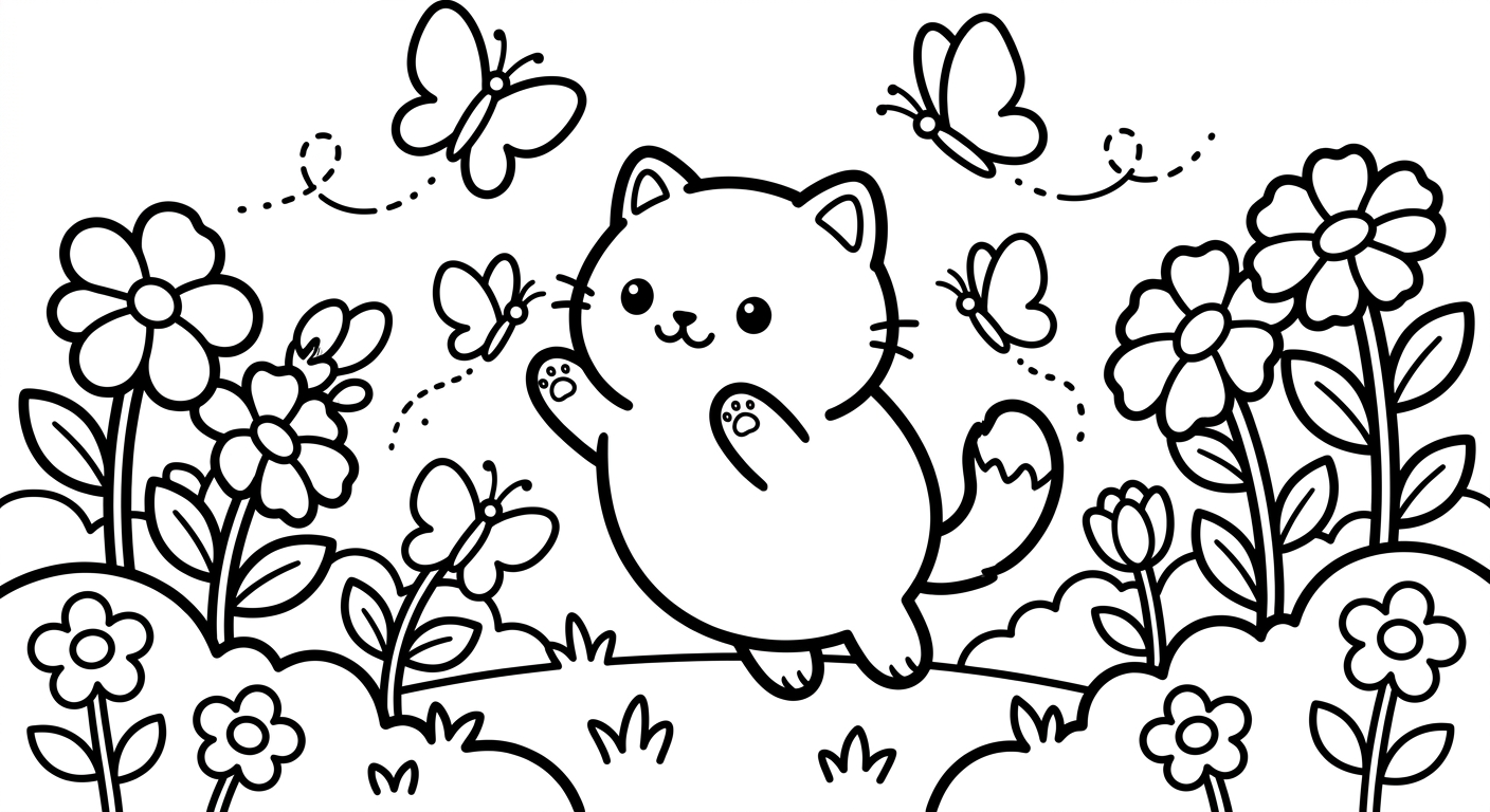 Desenho de gatinho com borboletas para colorir sentado com flores e corações fofos