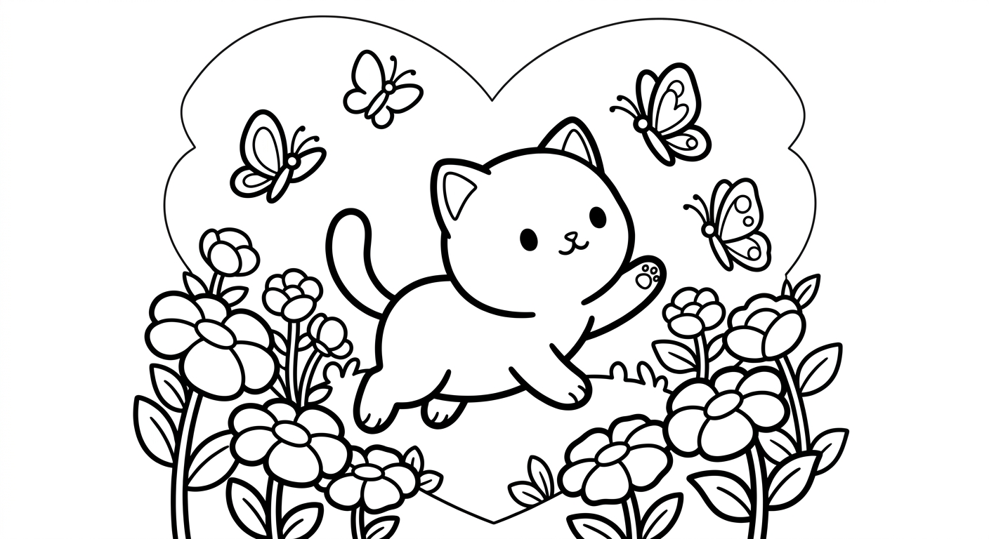 Desenho de gatinho com borboletas para colorir segurando flor entre corações fofos