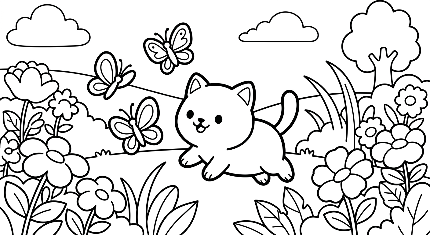 Desenho de gatinho com borboletas para colorir fofo deitado e relaxando