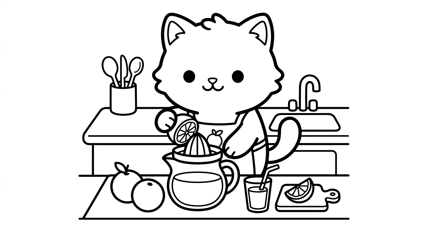 Desenho de gatinho fazendo suco para colorir como atacante do Brasil acenando com frutas