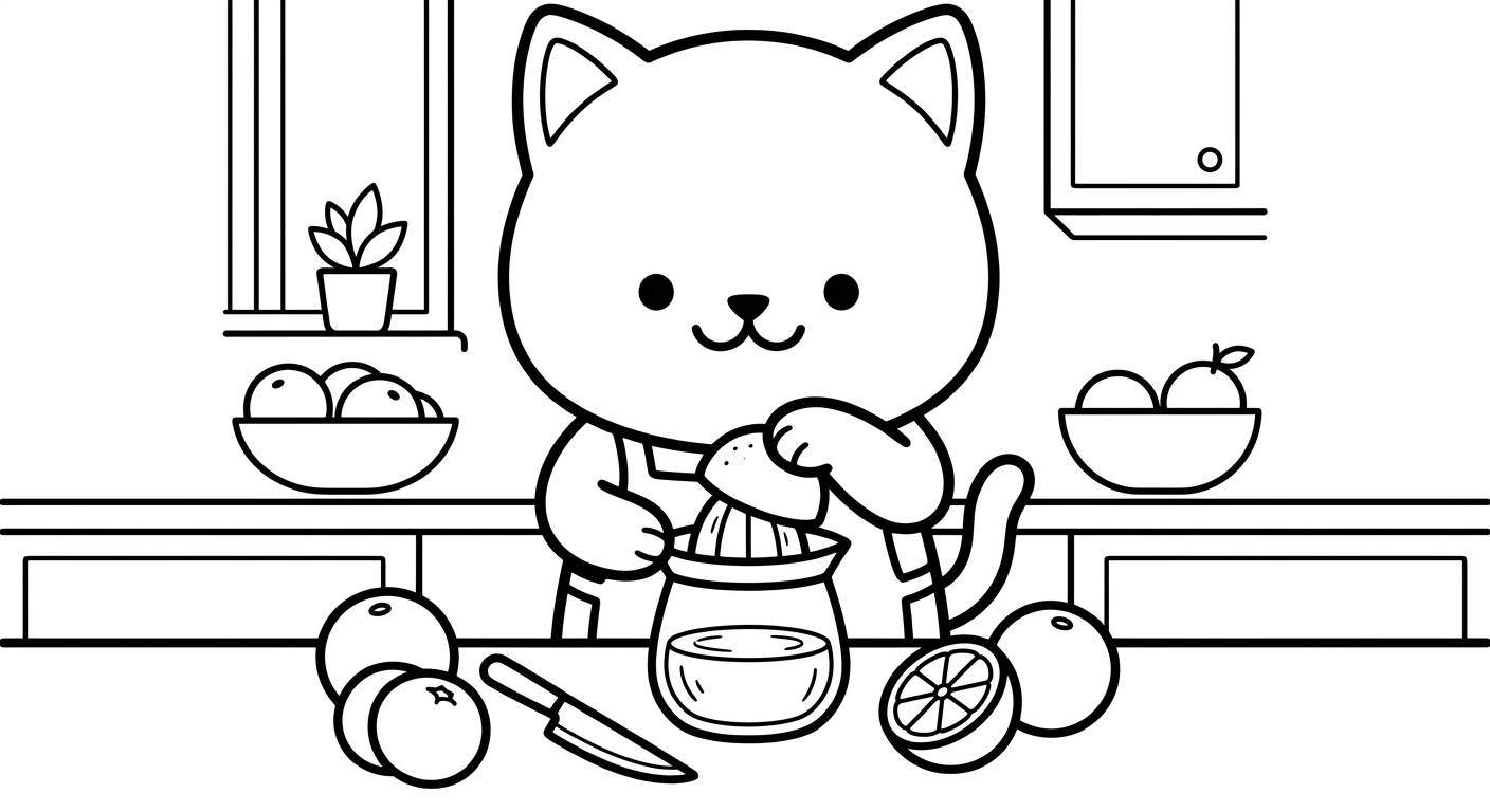 Desenho de gatinho fazendo suco para colorir fofo segurando um copo