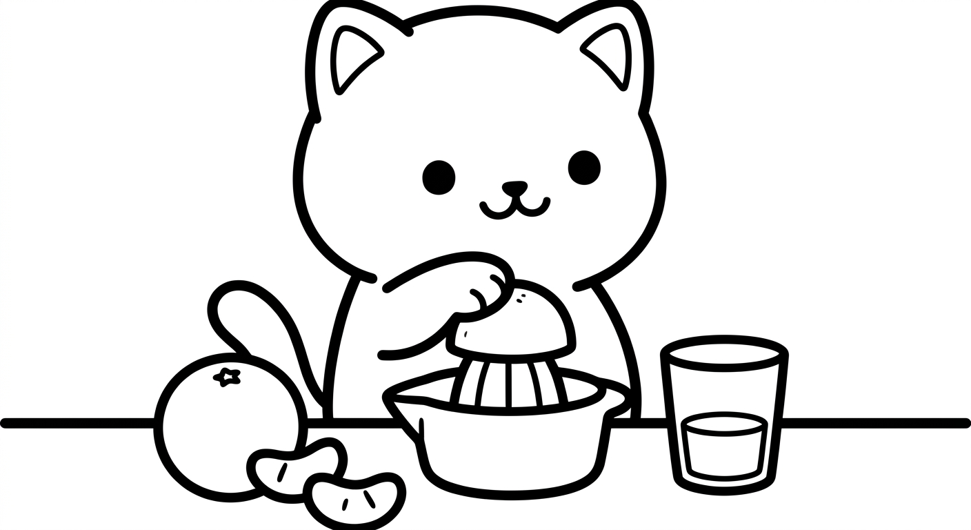 Desenho de gatinho fazendo suco para colorir espreguiçando com copo e frutas fofas