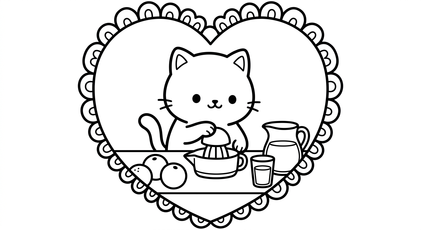 Desenho de gatinho fazendo suco para colorir caminhando com frutas fofas