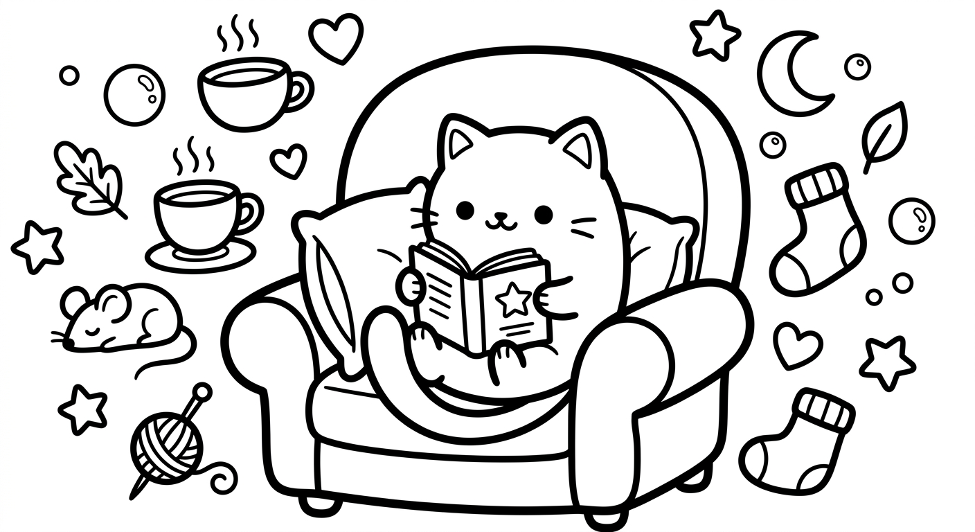Desenho de gatinho lendo livro para colorir em pé sorrindo com estrelinhas fofas