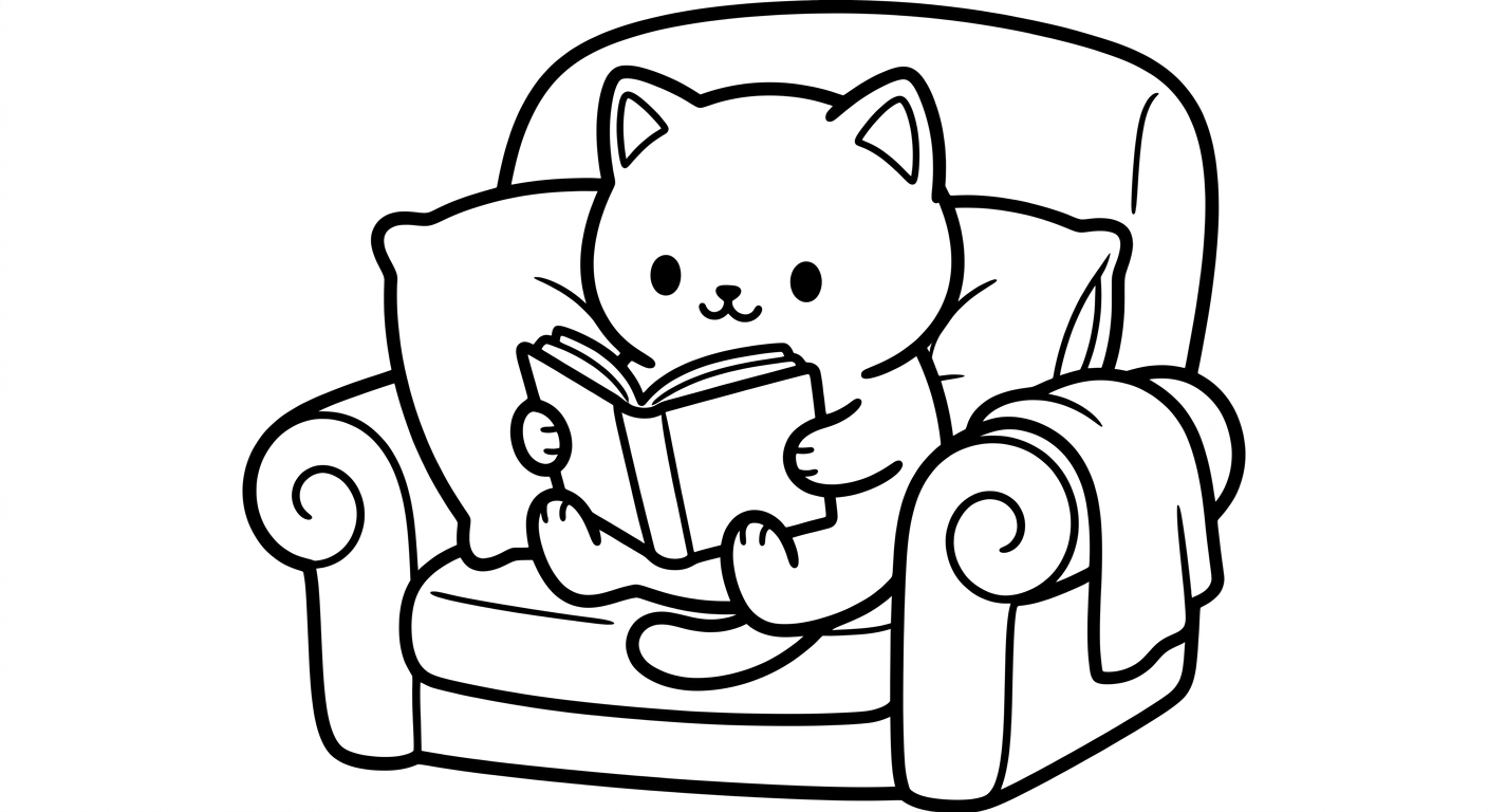 Desenho de gatinho lendo livro para colorir fofo acenando com estrelinhas