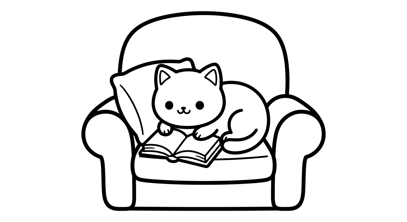Desenho de gatinho lendo livro para colorir fofo sentado com traços simples