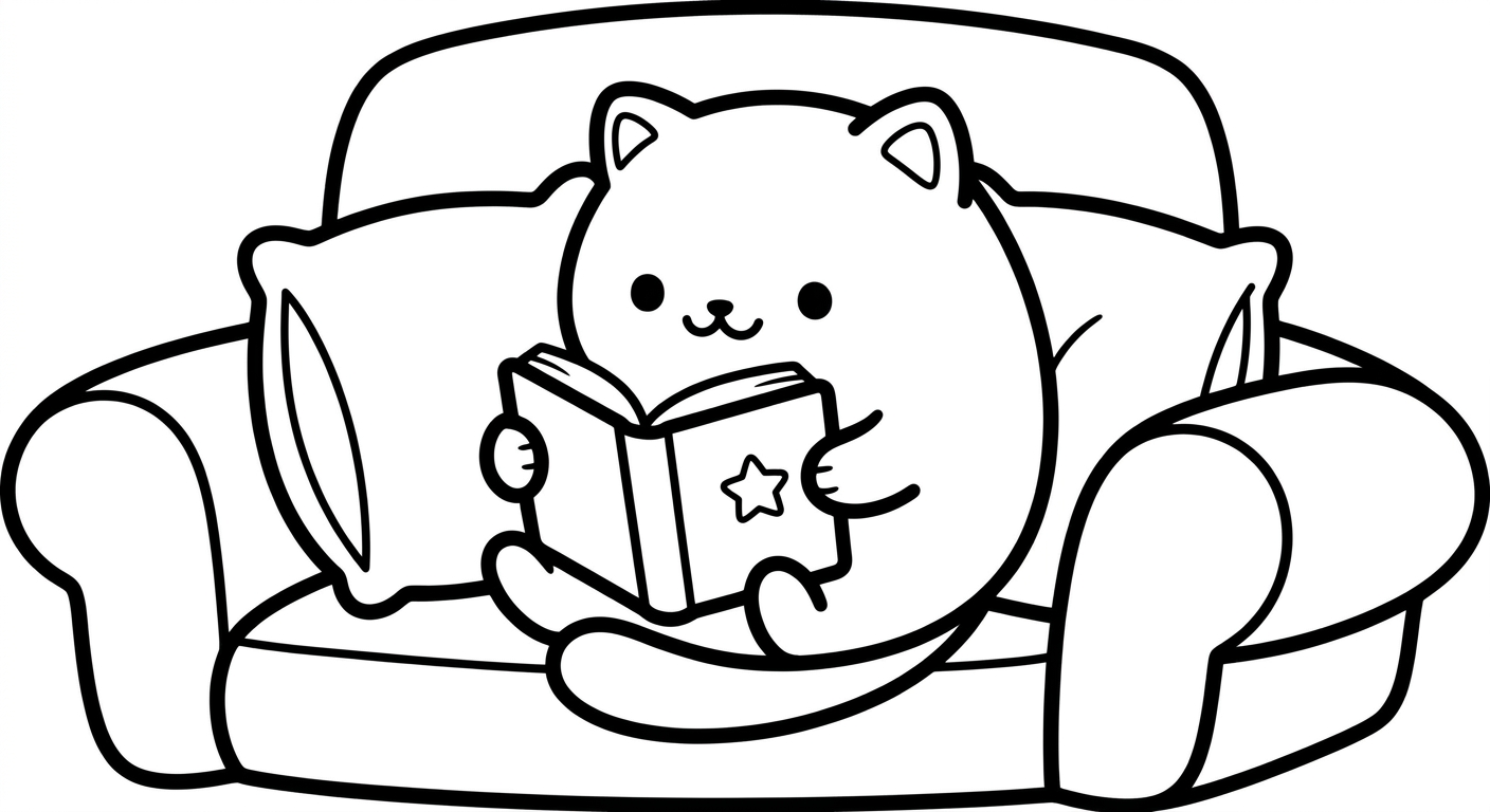 Desenho de gatinho lendo livro para colorir rindo feliz em estilo fofo