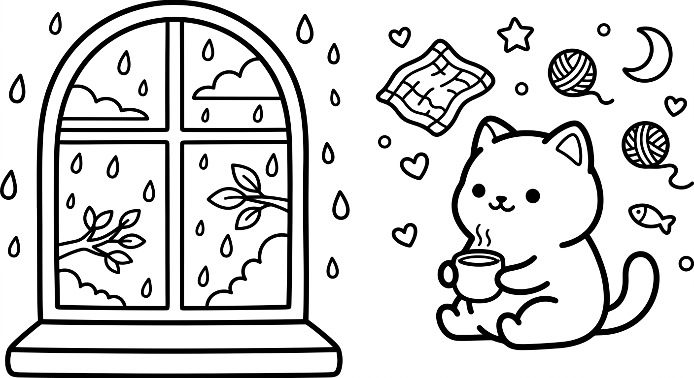 Desenho de gatinho na janela chuvosa para colorir em pé sorrindo com brinquedos fofos