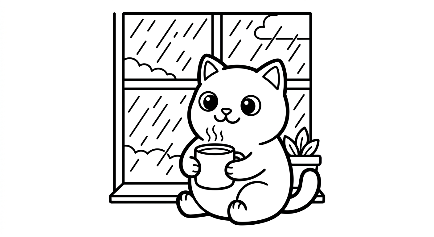 Desenho de gatinho na janela chuvosa para colorir caminhando entre almofada e guarda-chuva fofos