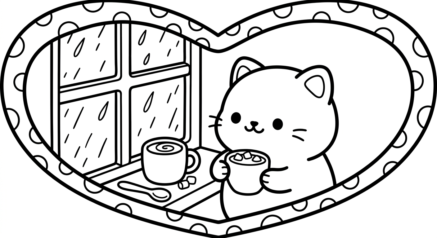 Desenho de gatinho na janela chuvosa para colorir caminhando com guarda-chuva fofo