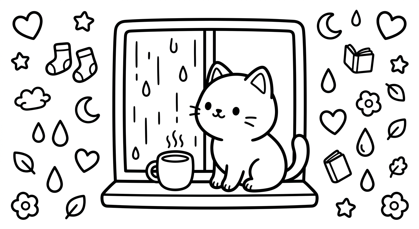 Desenho de gatinho na janela chuvosa para colorir caminhando entre nuvens fofas