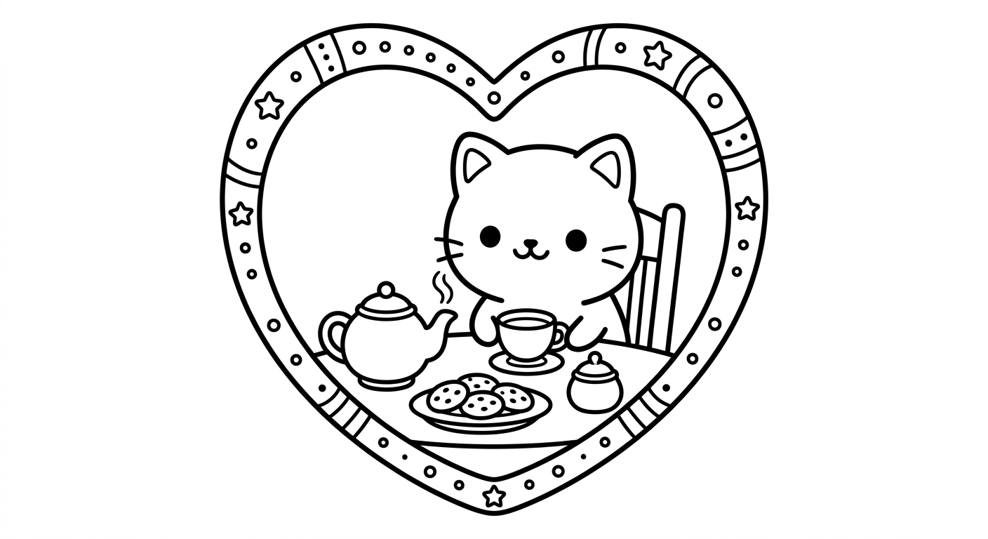 Desenho de gatinho tomando chá para colorir segurando uma xícara pequena