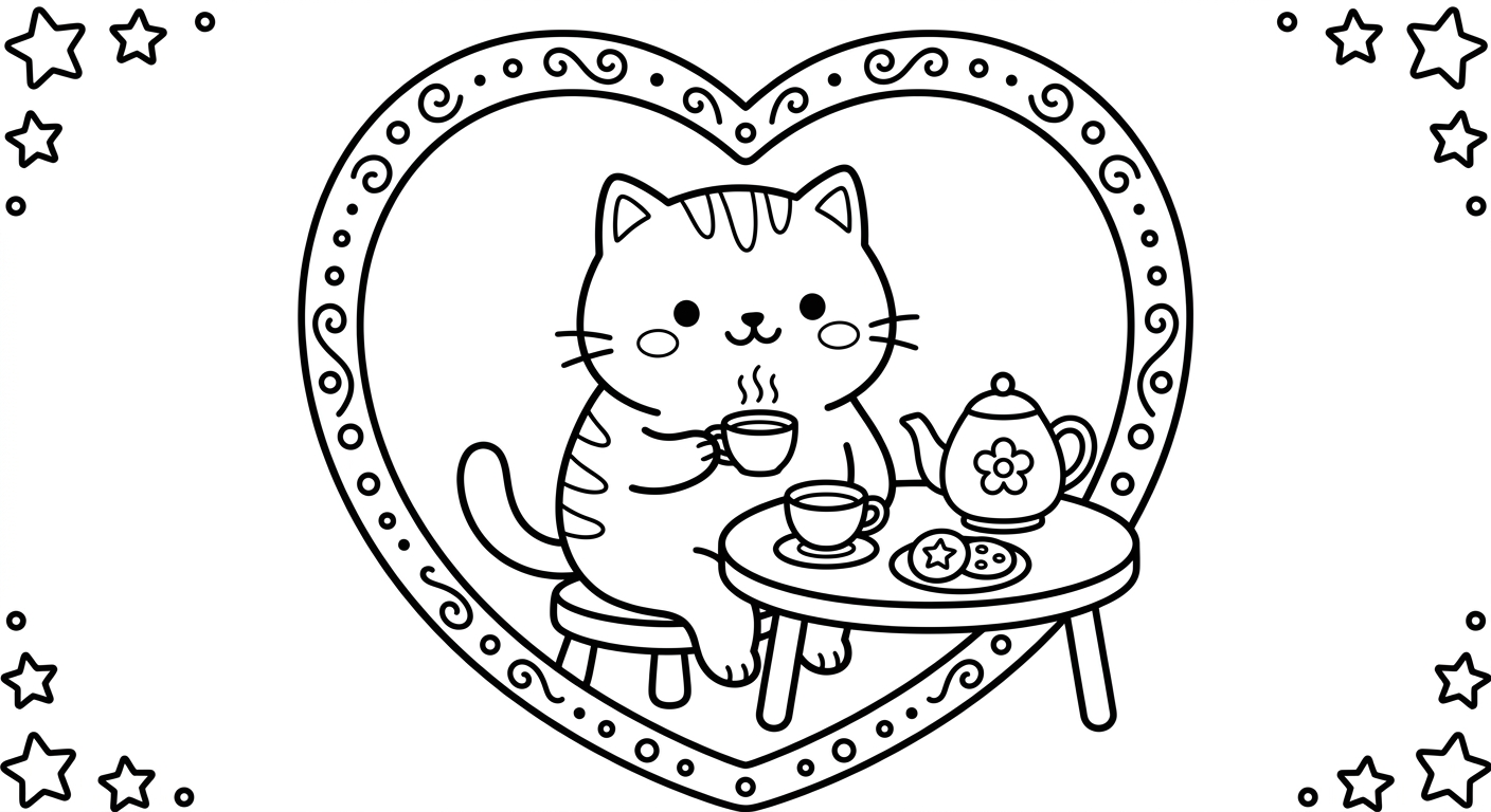 Desenho de gatinho tomando chá para colorir espreguiçando com xícara e corações