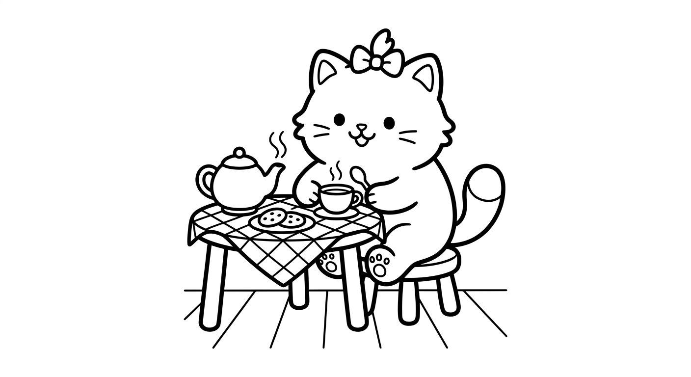 Desenho de gatinho tomando chá para colorir deitado relaxando com expressão fofa