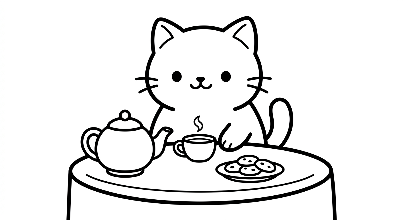 Desenho de gatinho tomando chá para colorir deitado relaxando com expressão fofa