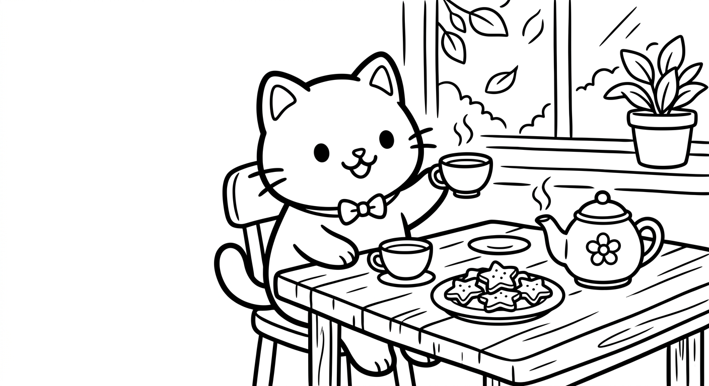 Desenho de gatinho tomando chá para colorir deitado relaxando com itens fofos