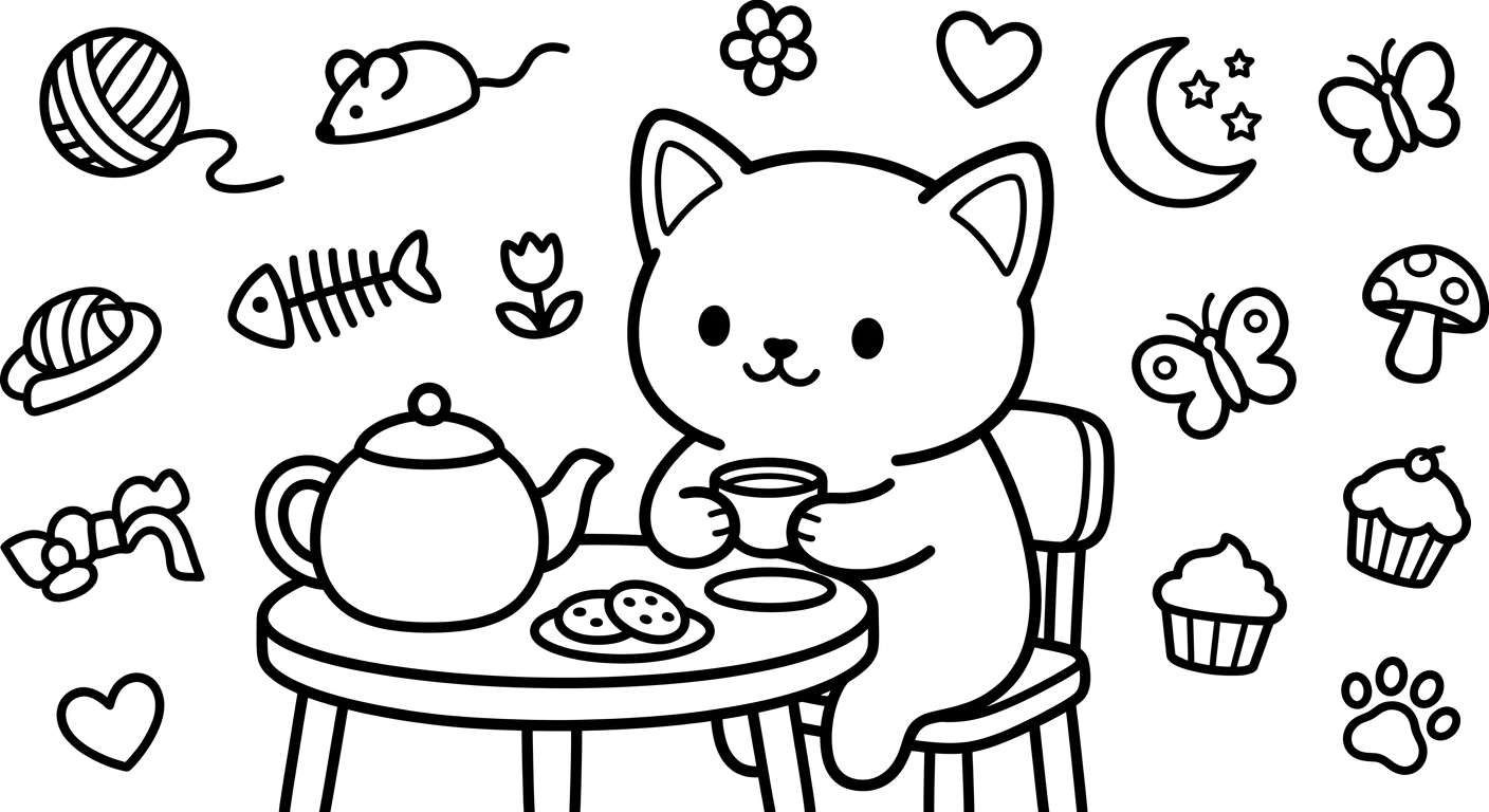 Desenho de gatinho tomando chá para colorir rindo feliz com xícara e corações