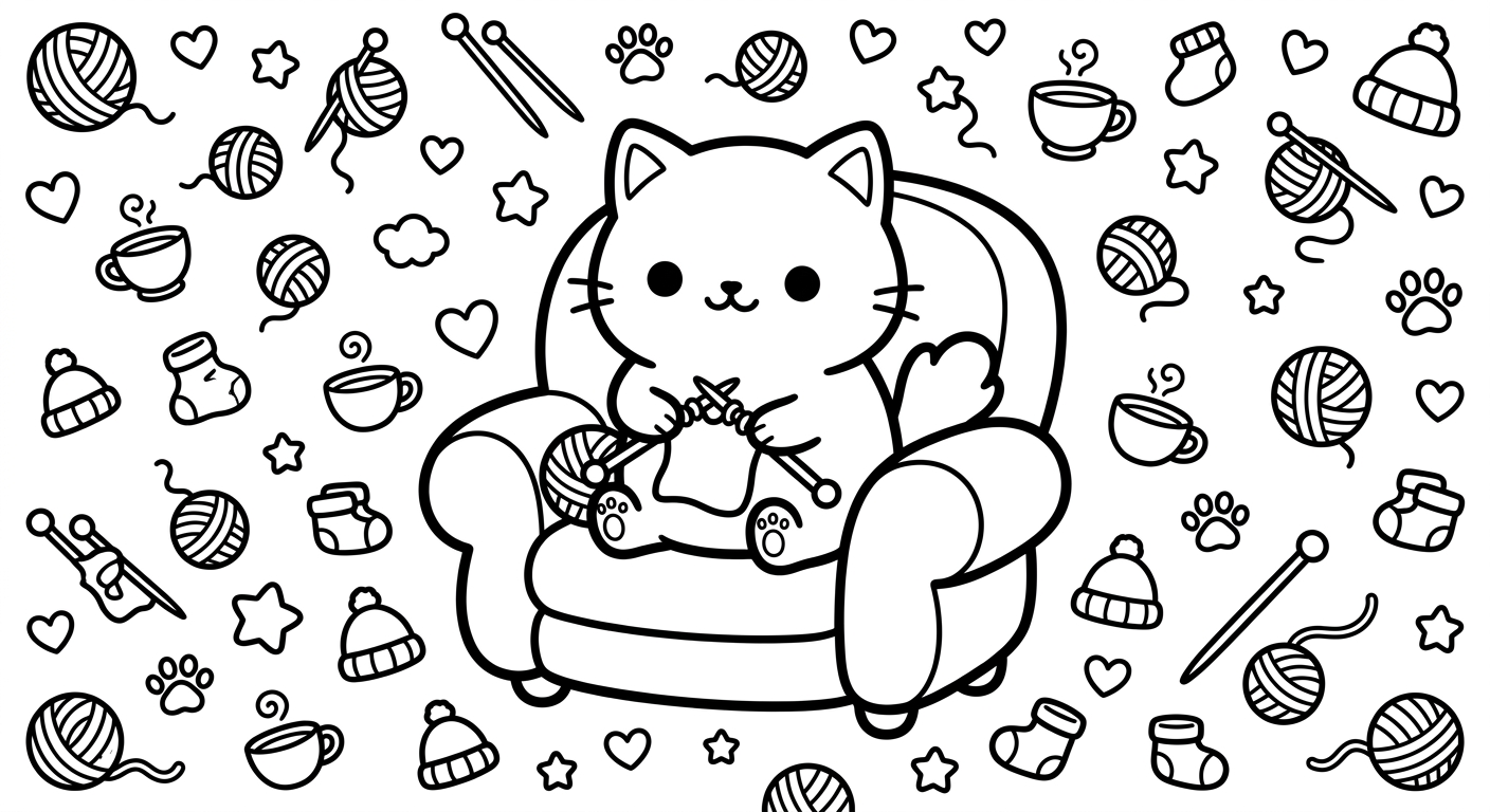 Desenho de gatinho tricotando para colorir acenando com expressão fofa