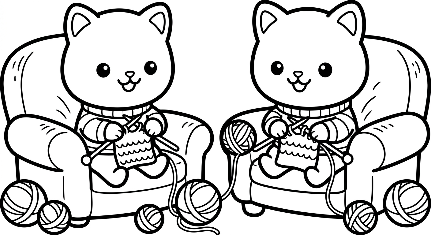 Desenho de gatinho tricotando para colorir pulando de alegria