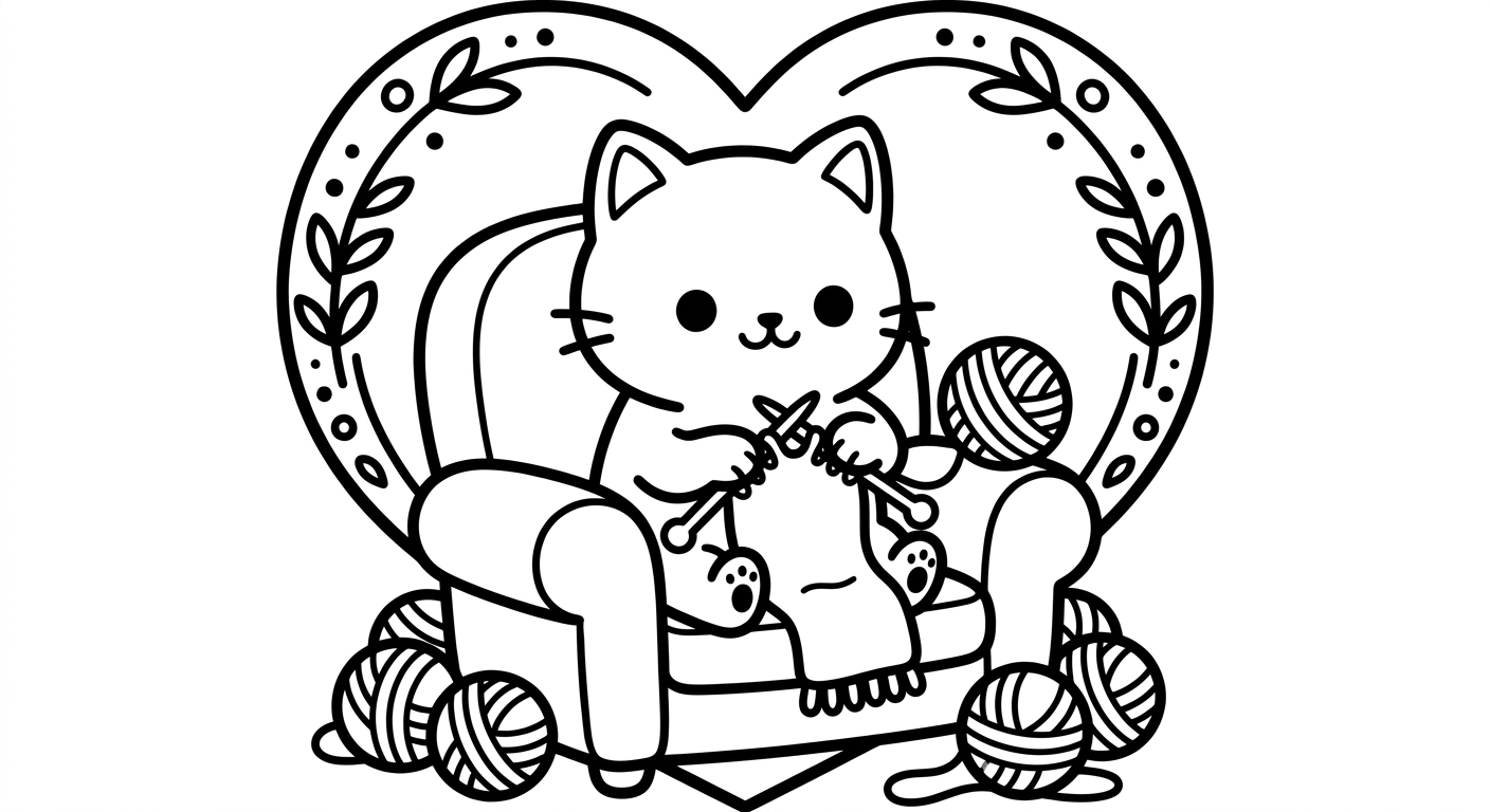 Desenho de gatinho tricotando para colorir pulando de alegria com expressão fofa