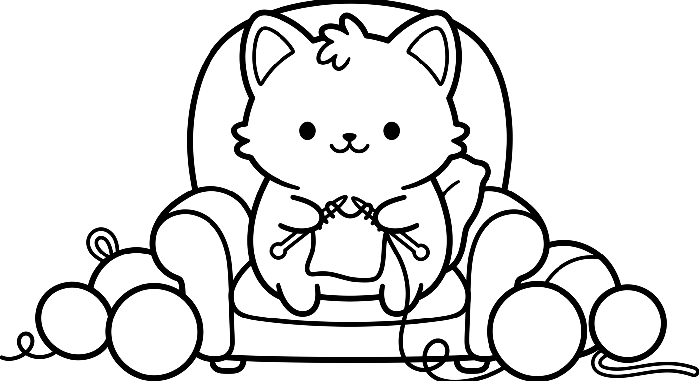 Desenho de gatinho tricotando para colorir fofo e espreguiçando sozinho