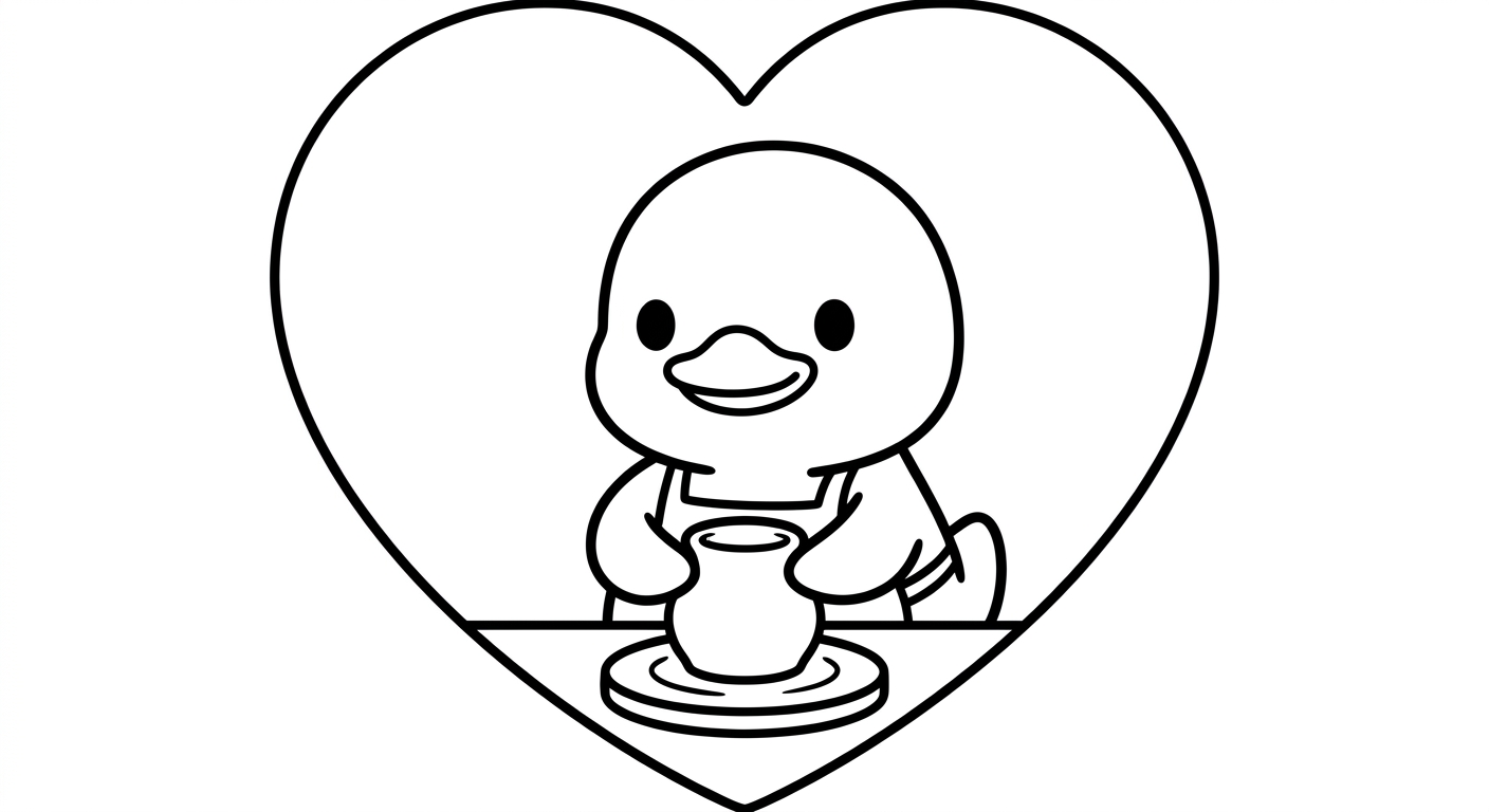 Desenho de patinho com massinha para colorir abraçando um coração fofinho