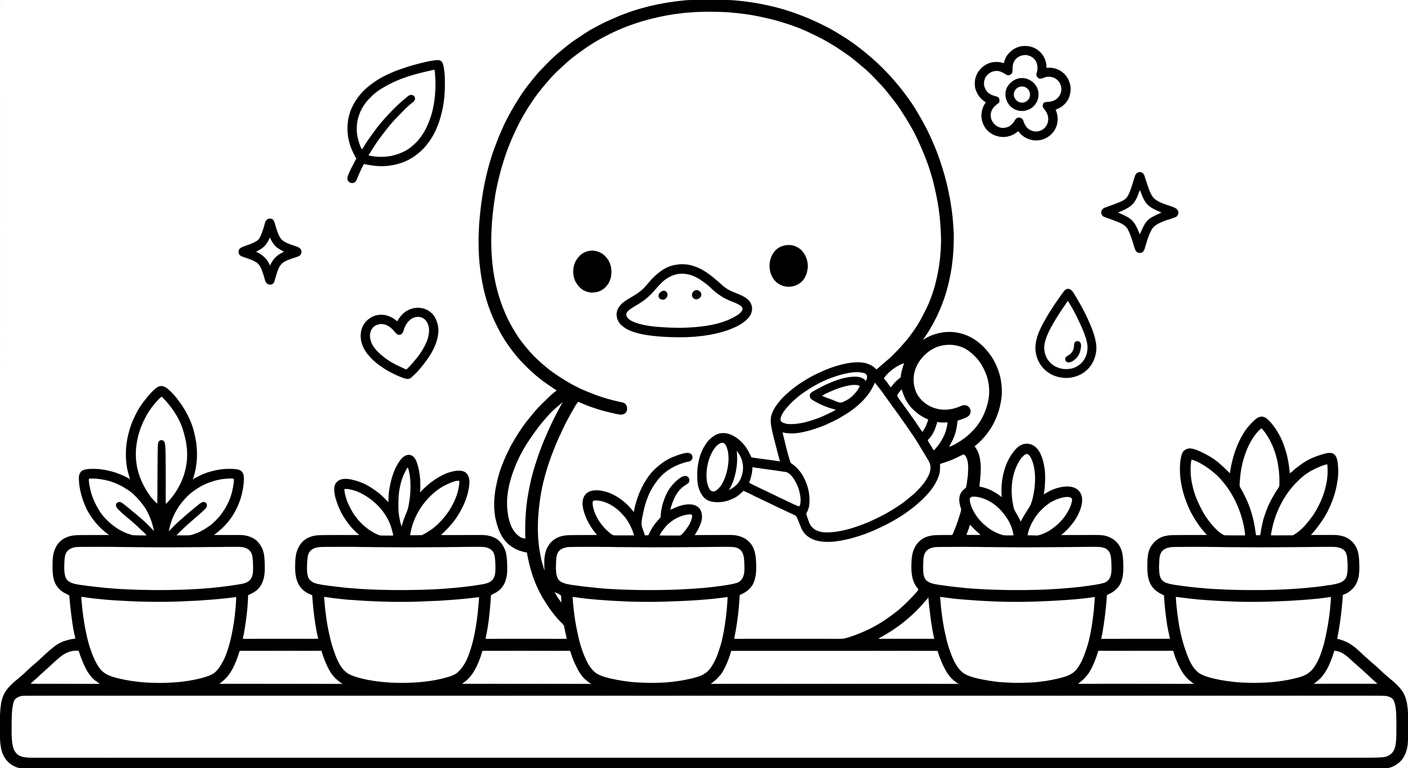 Desenho de patinho com regador para colorir acenando de forma fofa